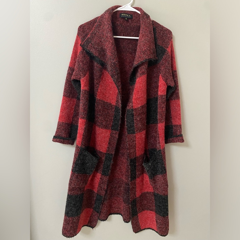 Joseph A Red and Black Plaid Open Front Long Cardigan